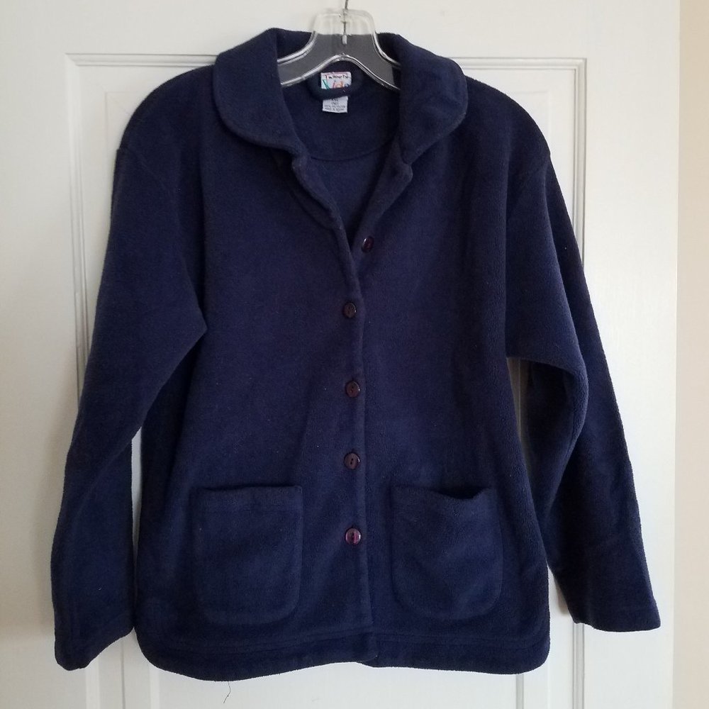 VINTAGE Talbots Kids Navy Blue Fleece Button Down Jacket, Girls XXL (16)